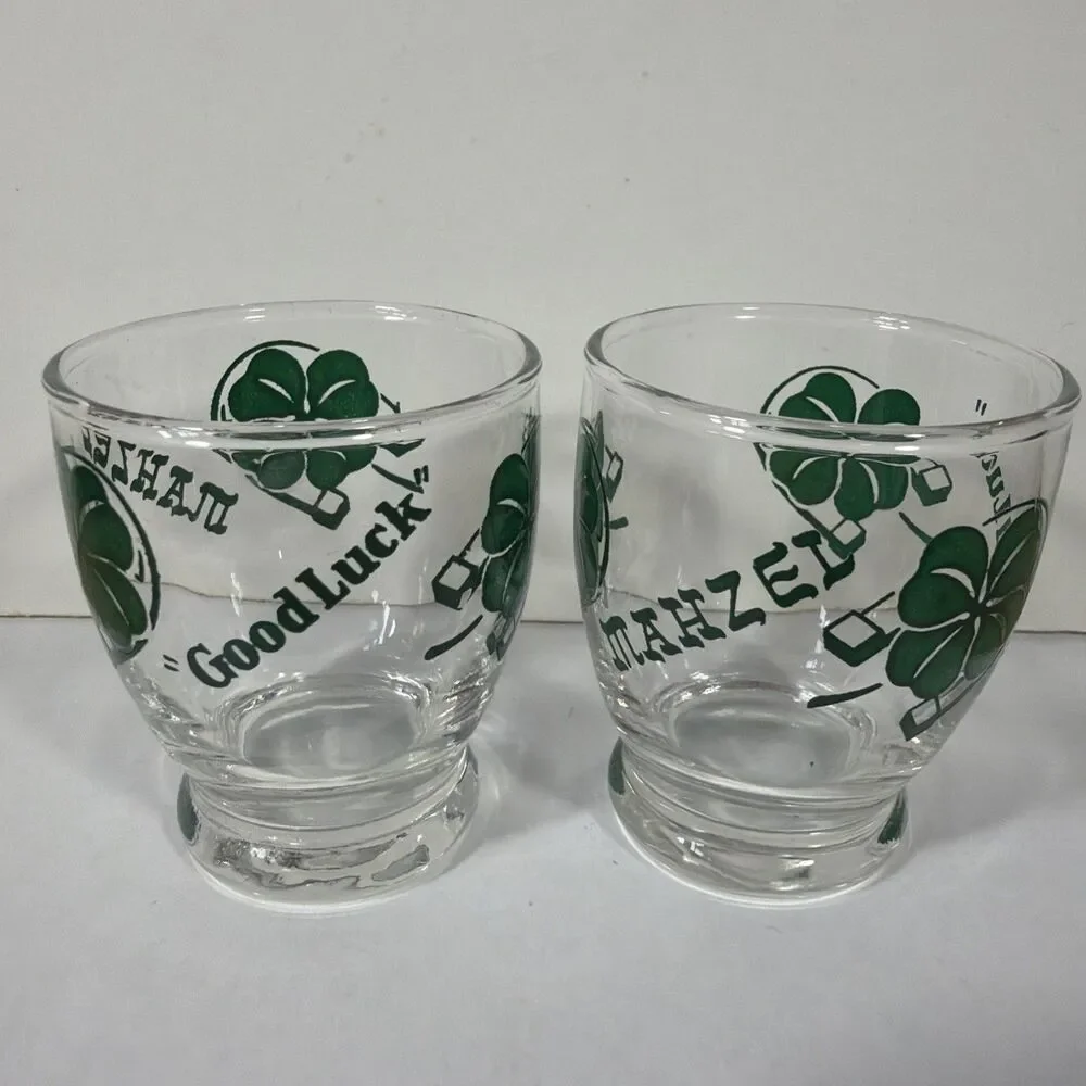Good Luck Mahzel Four Leaf Clover Shot Glasses Set of 2 St. Patrick's Day 4 oz